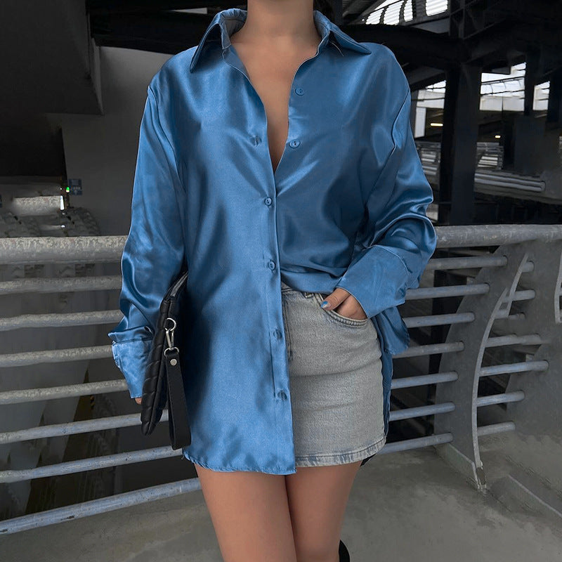 European And American Style Graceful And Fashionable Slim-fit Glossy Satin Shirt Top