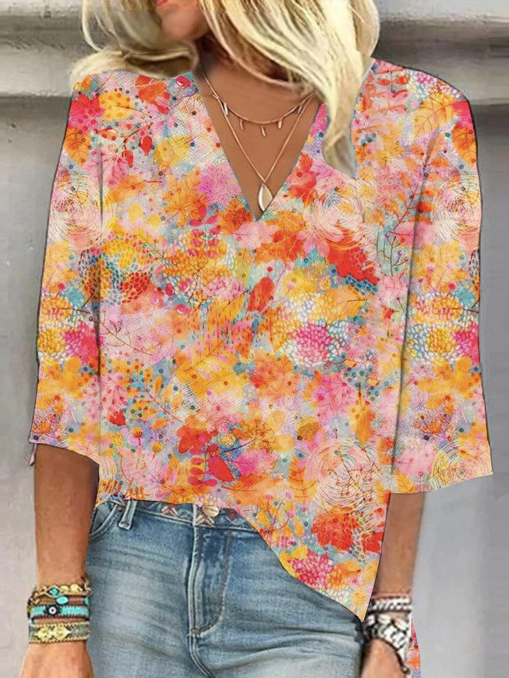 Women's European And American All-matching Printed Casual V-neck Shirt