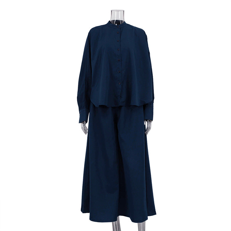 Casual Stand-up Collar Long-sleeved Shirt Wide Leg Pants Loose Two-piece Suit