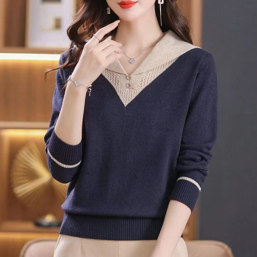 Lapel Outer Long-sleeves Knitted Pullover Sweater Women