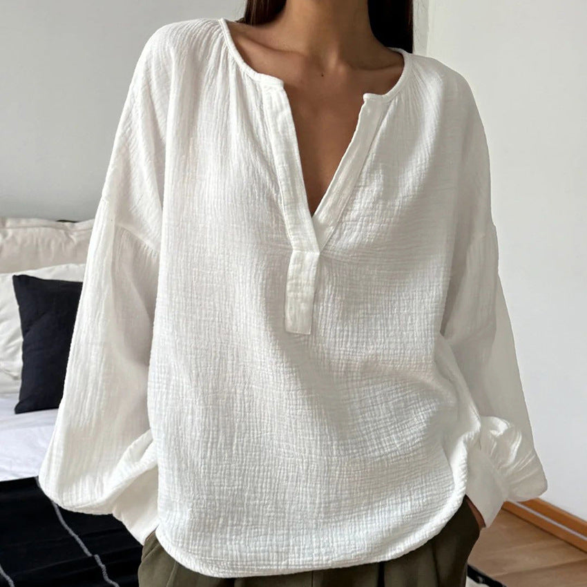 Simple Pure Cotton Design Lantern Sleeve Blouse