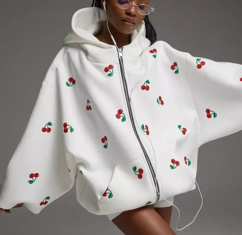 Women's Cherry Print Zip Hoodie