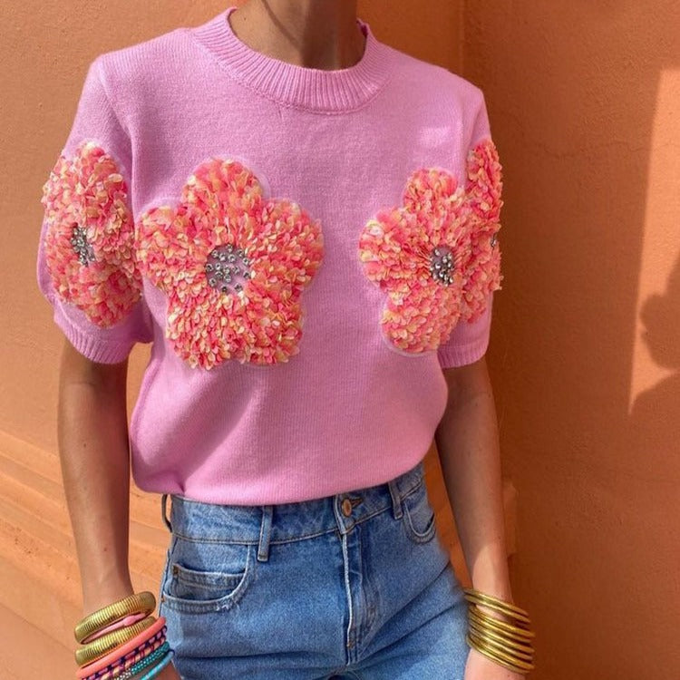 European And American Contrast Color Flower Sweet Pink Round-collar Short Sleeve Sweater