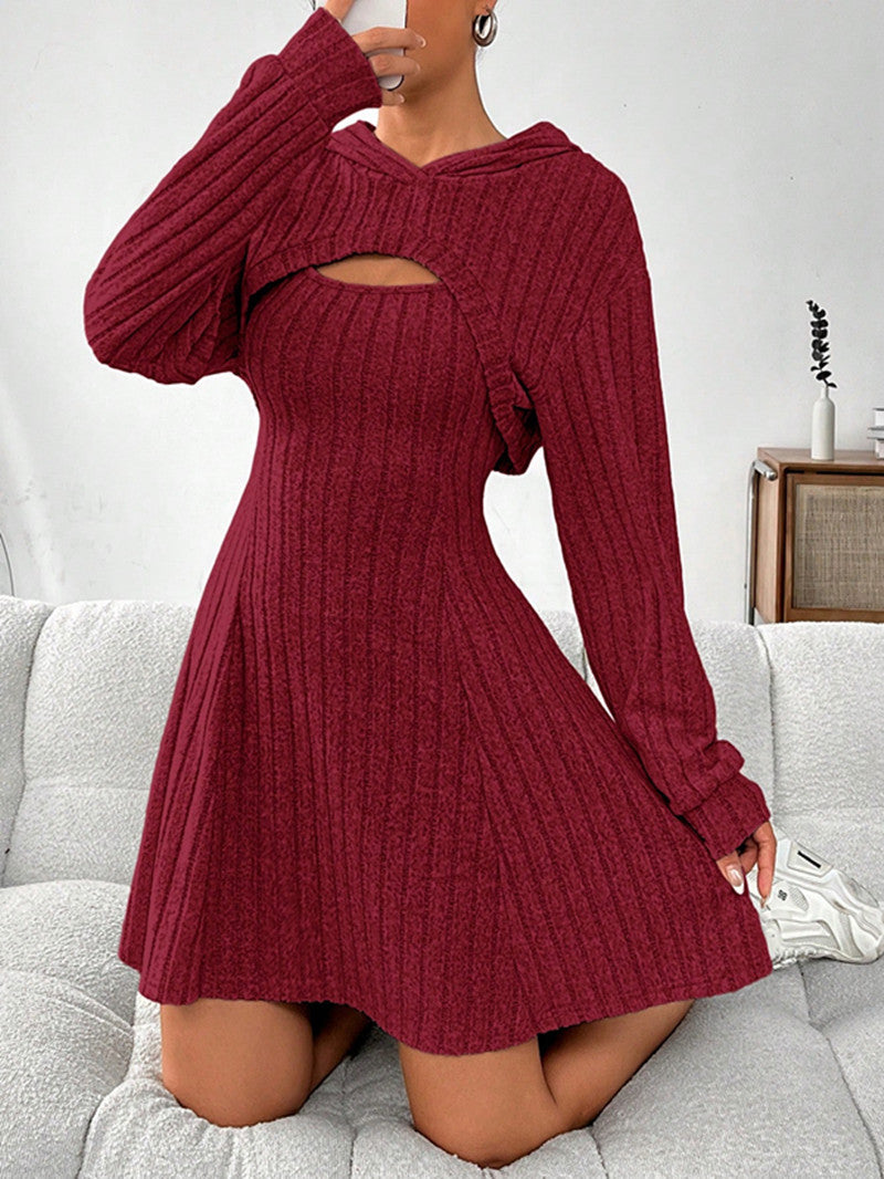 Fall Winter Hooded Shawl Long Sleeve Sweater Vest Short Skirt Slim Fit Two-piece Suit