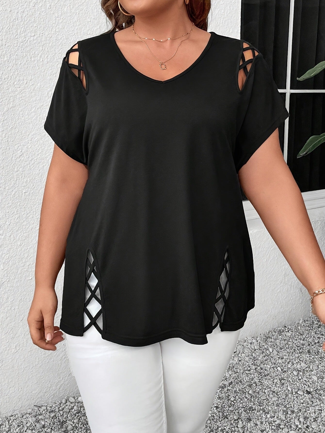 Women's European And American V-neck Cross-strap Short-sleeved T-shirt