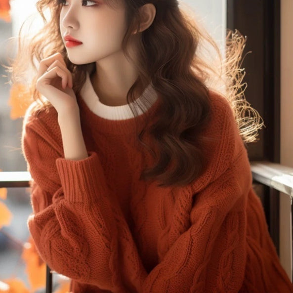 Orange Round Neck Fall And Winter Inner Wear Classic Style Loose Knitted Top