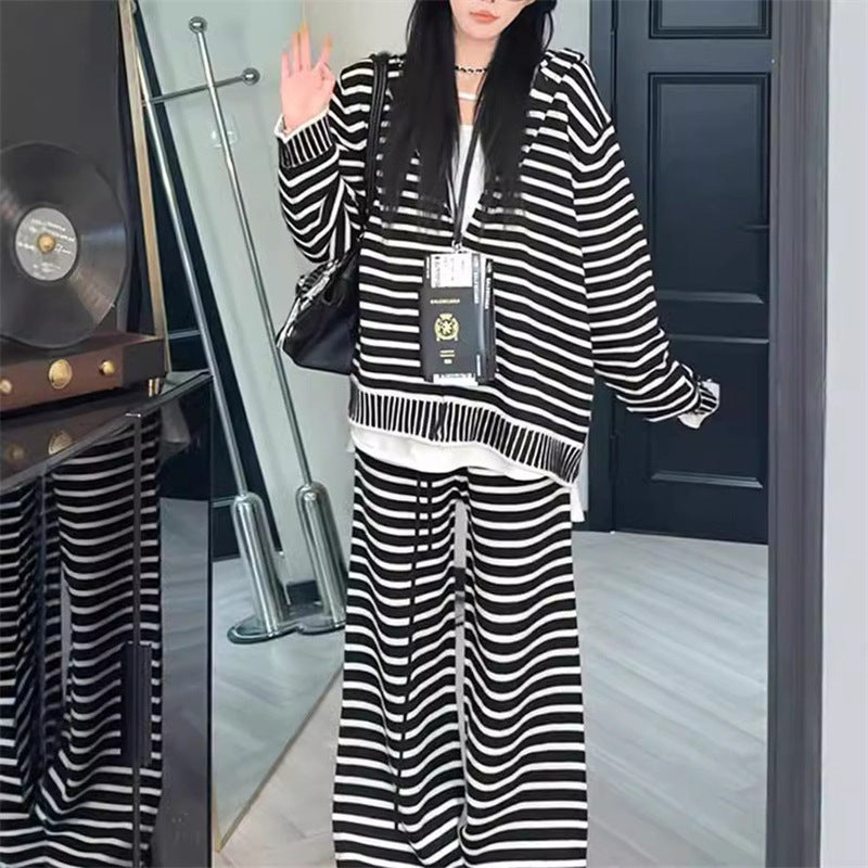 Women's Korean-style Casual Hooded Striped Sweater Suit