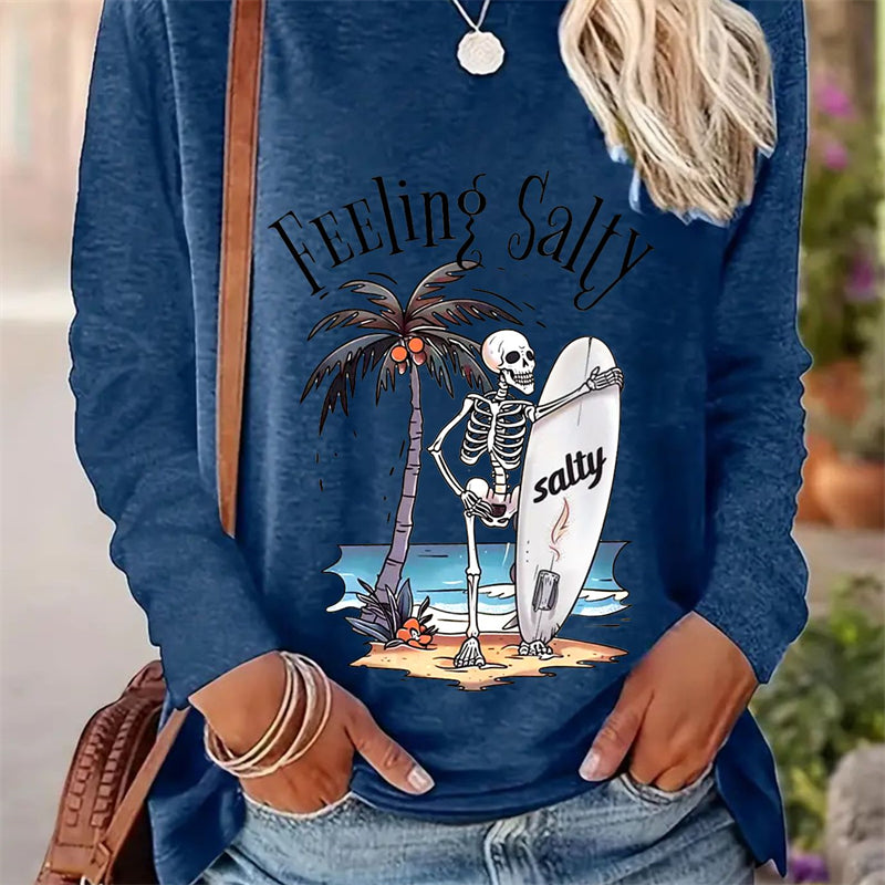 Spring And Autumn Women Casual Simple Pattern Printed Round Neck Long Sleeve T-shirt