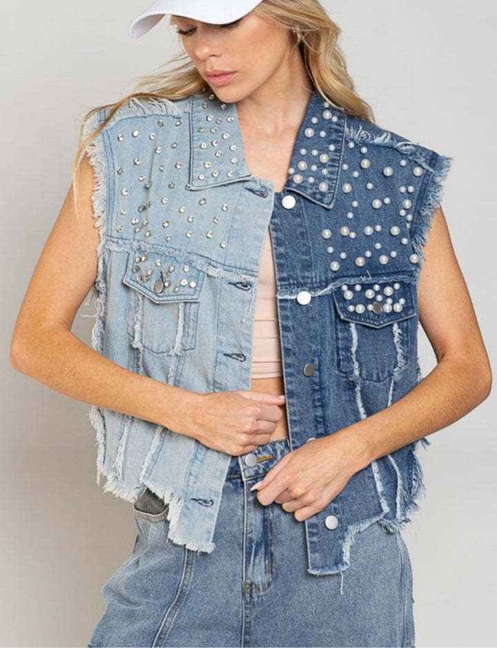 Splicing Beads Loose Women's Short Denim Vest