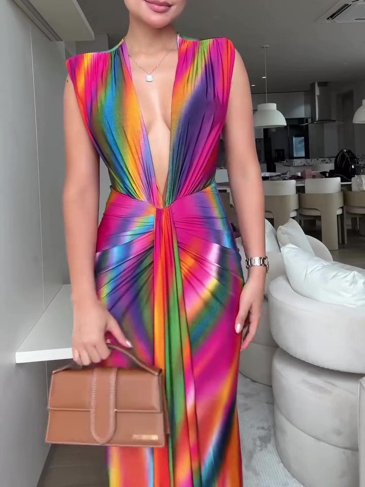 Deep V Rainbow Pleated Maxi Dress