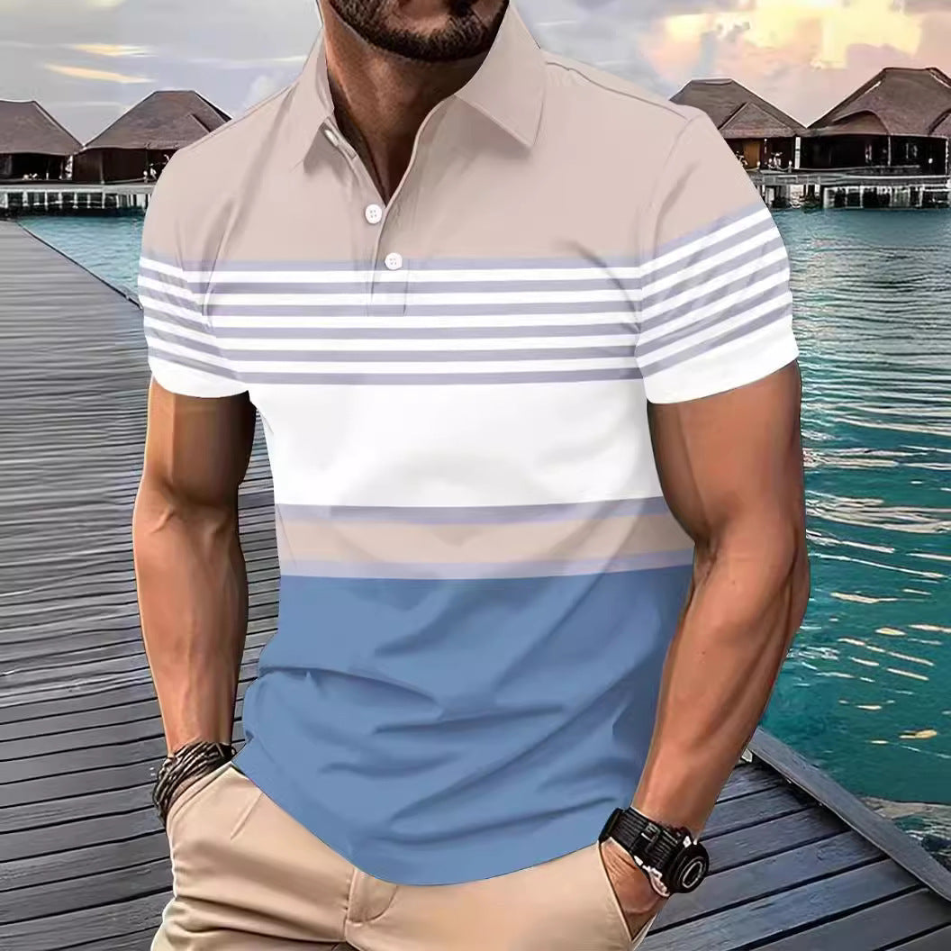 Lapel Button Striped Colorblock All-matching T-shirt