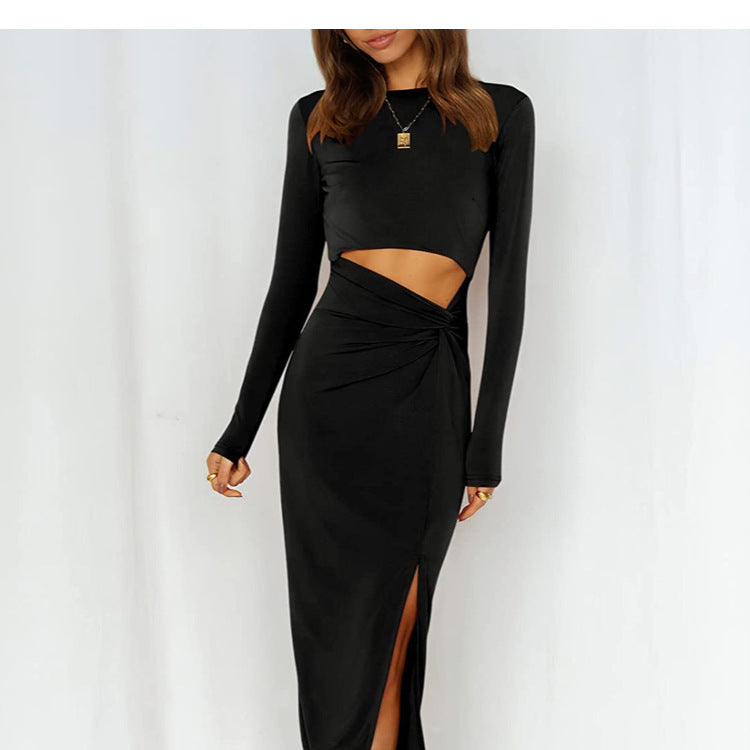 Autumn New Tight Twisted Slit Long Sleeve Hollow Women's Dress Slim Fit Hip Sexy Skirt