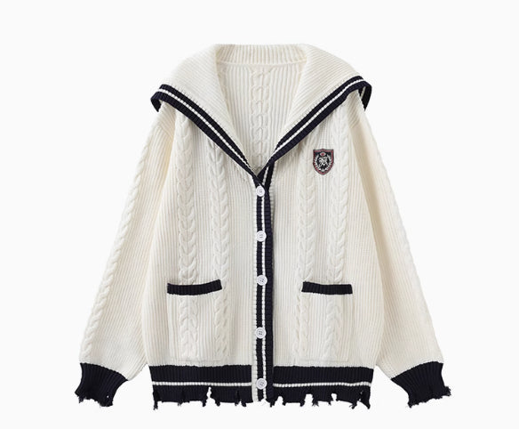 Preppy Insignia Embroidered Loose Ruin Knitted Coat With Raw Edge