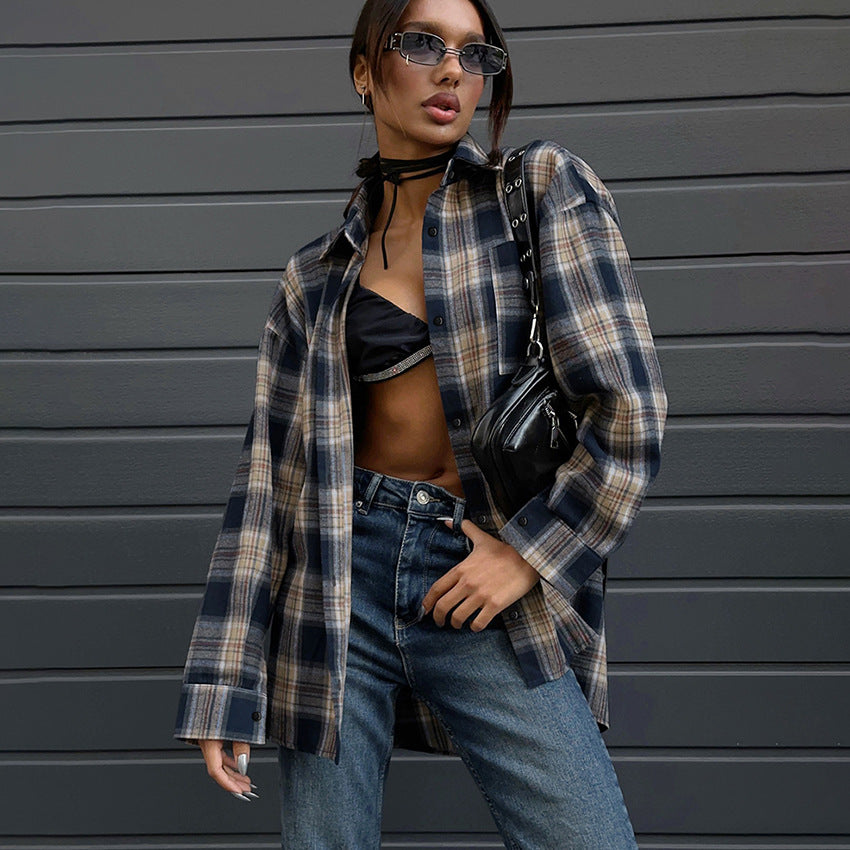 Casual Loose Color-contrast Check Shirt