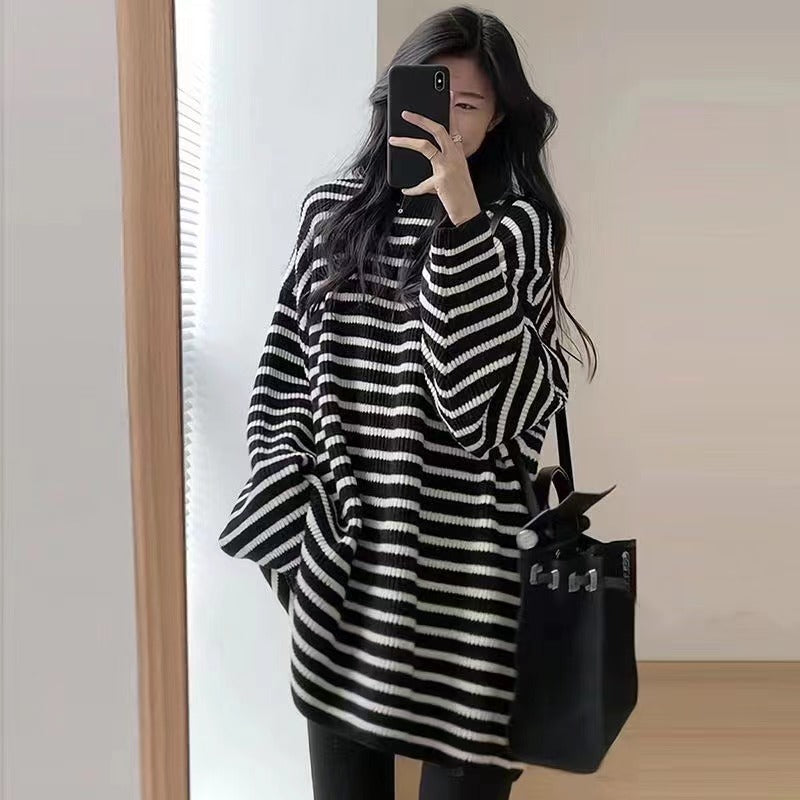 Casual Striped Round Neck Lazy Pullover Loose Retro Simple