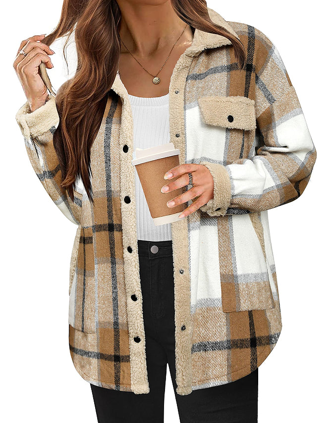 Women's Contrast Color Plaid Jacket Casual Polo Collar Velvet Jacket