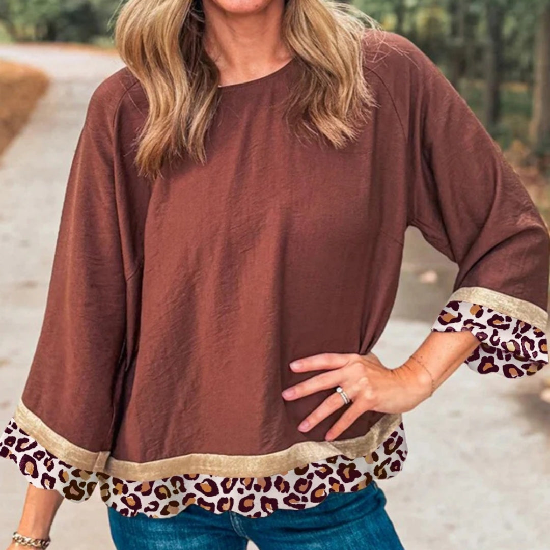 Women's Casual Leopard Print Patch Lapel Long Sleeve Top