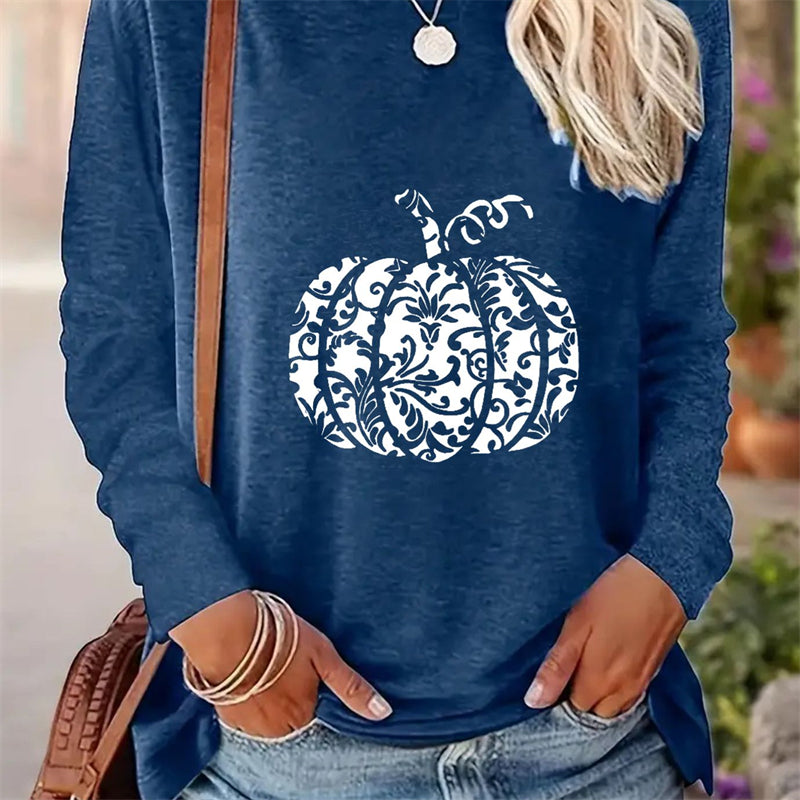 Spring And Autumn Women Casual Simple Pattern Printed Round Neck Long Sleeve T-shirt