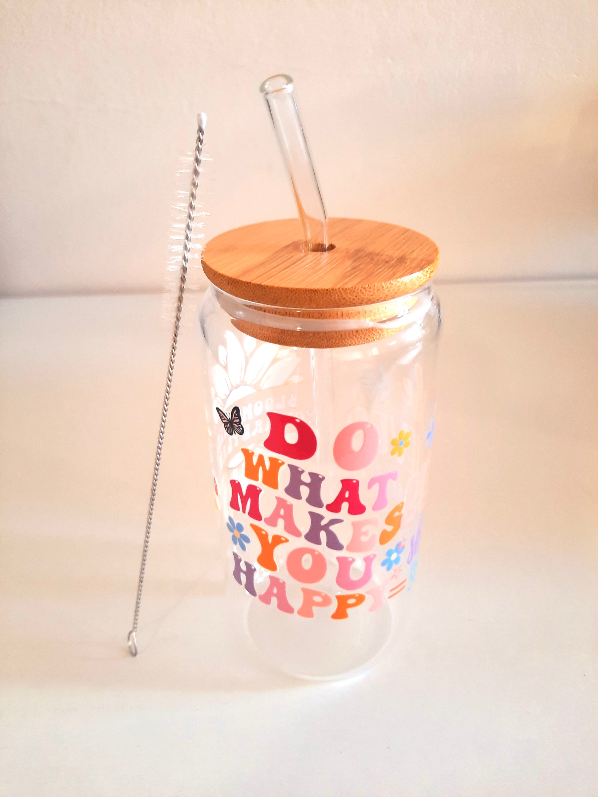 Customised 16oz glass tumbler bottle with bamboo lid and straw