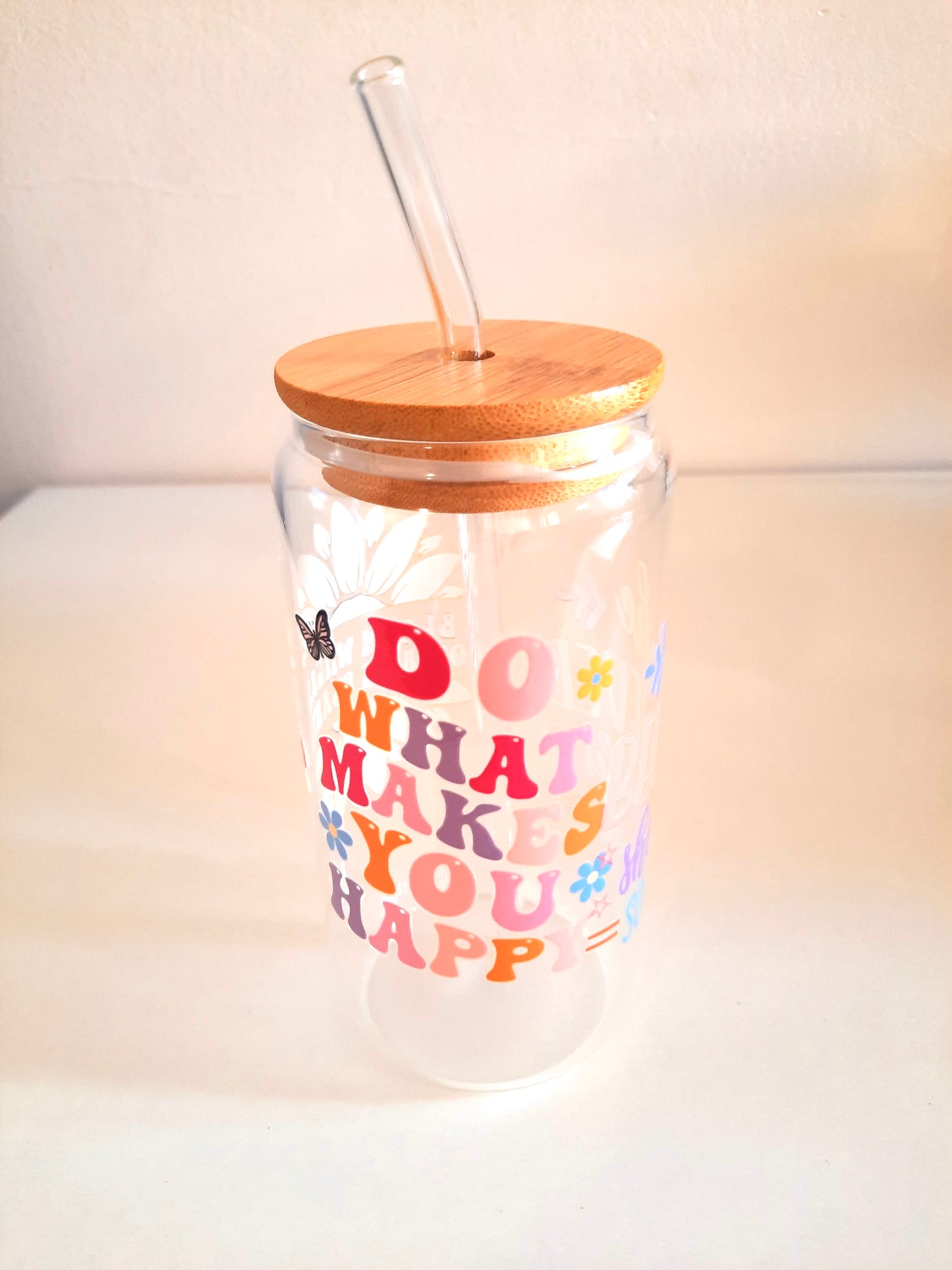 Customised 16oz glass tumbler bottle with bamboo lid and straw