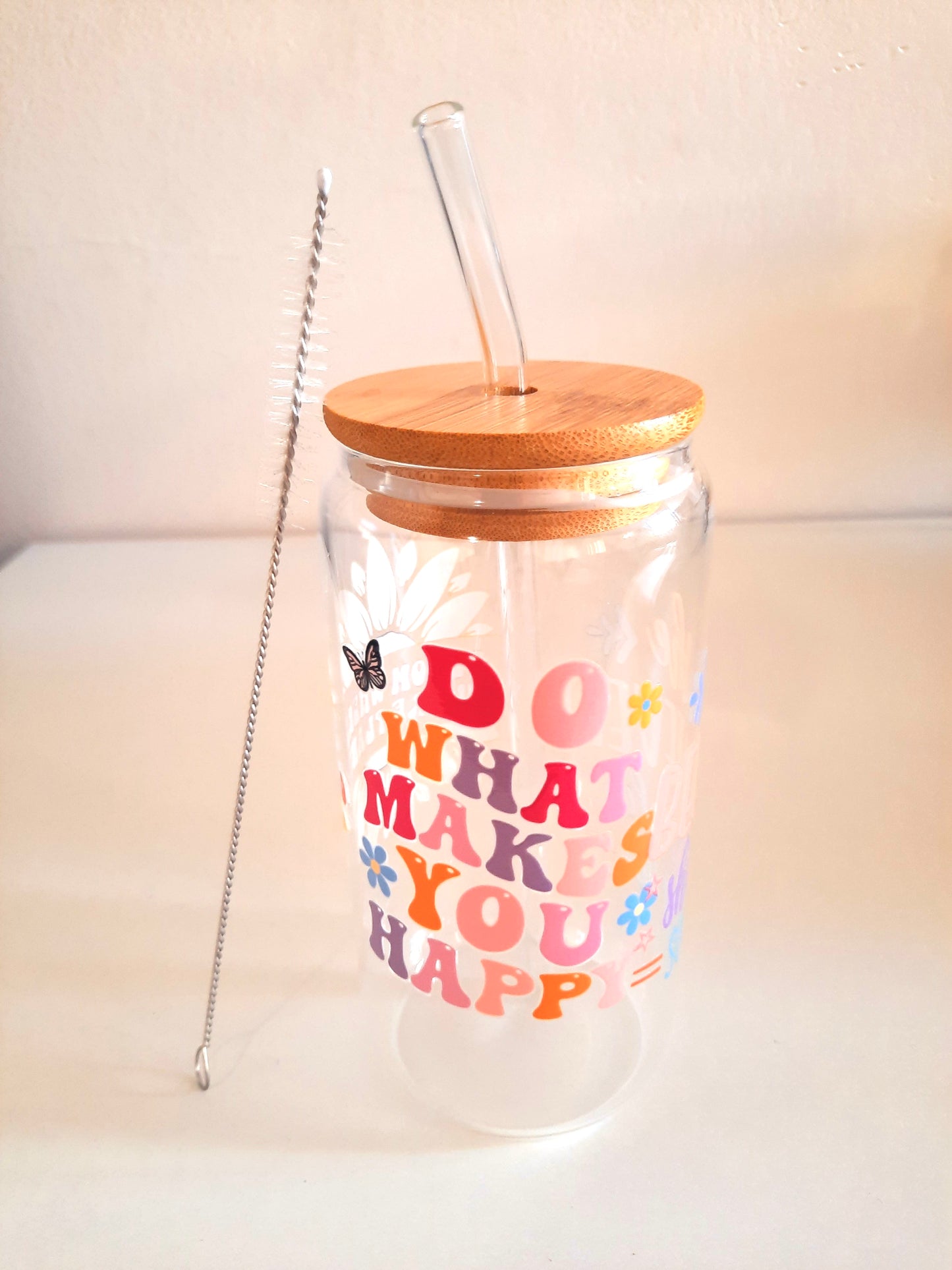 Customised 16oz glass tumbler bottle with bamboo lid and straw