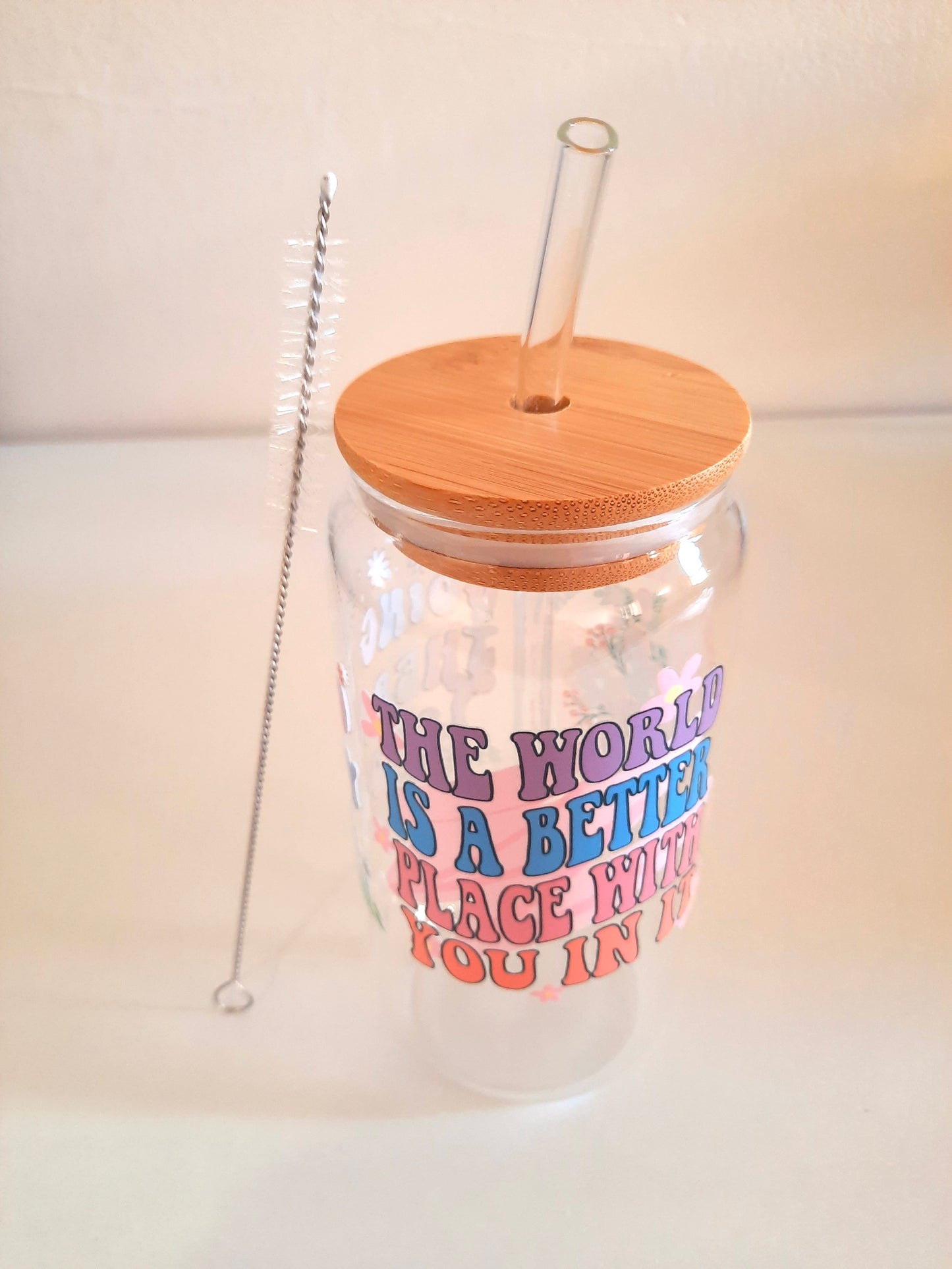 Customised 16oz glass tumbler bottle with bamboo lid and straw