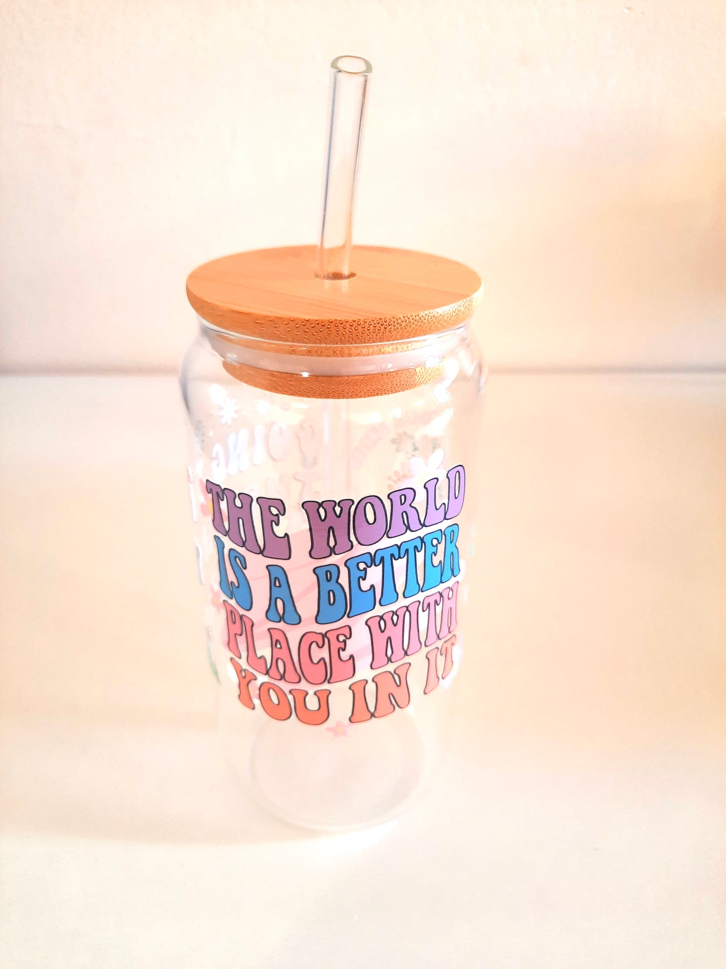 Customised 16oz glass tumbler bottle with bamboo lid and straw