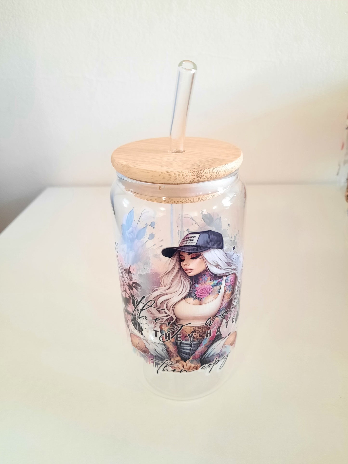 Customised 16oz reusable glass tumbler bottle with bamboo lid and straw