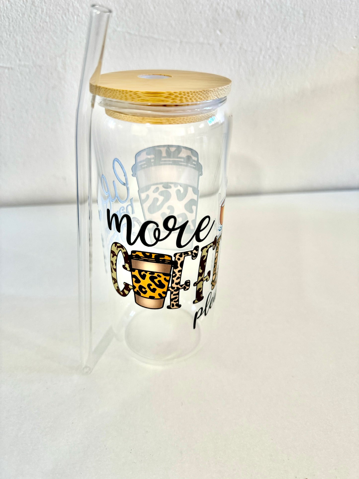 Customised 16oz glass tumbler bottle with bamboo lid and straw