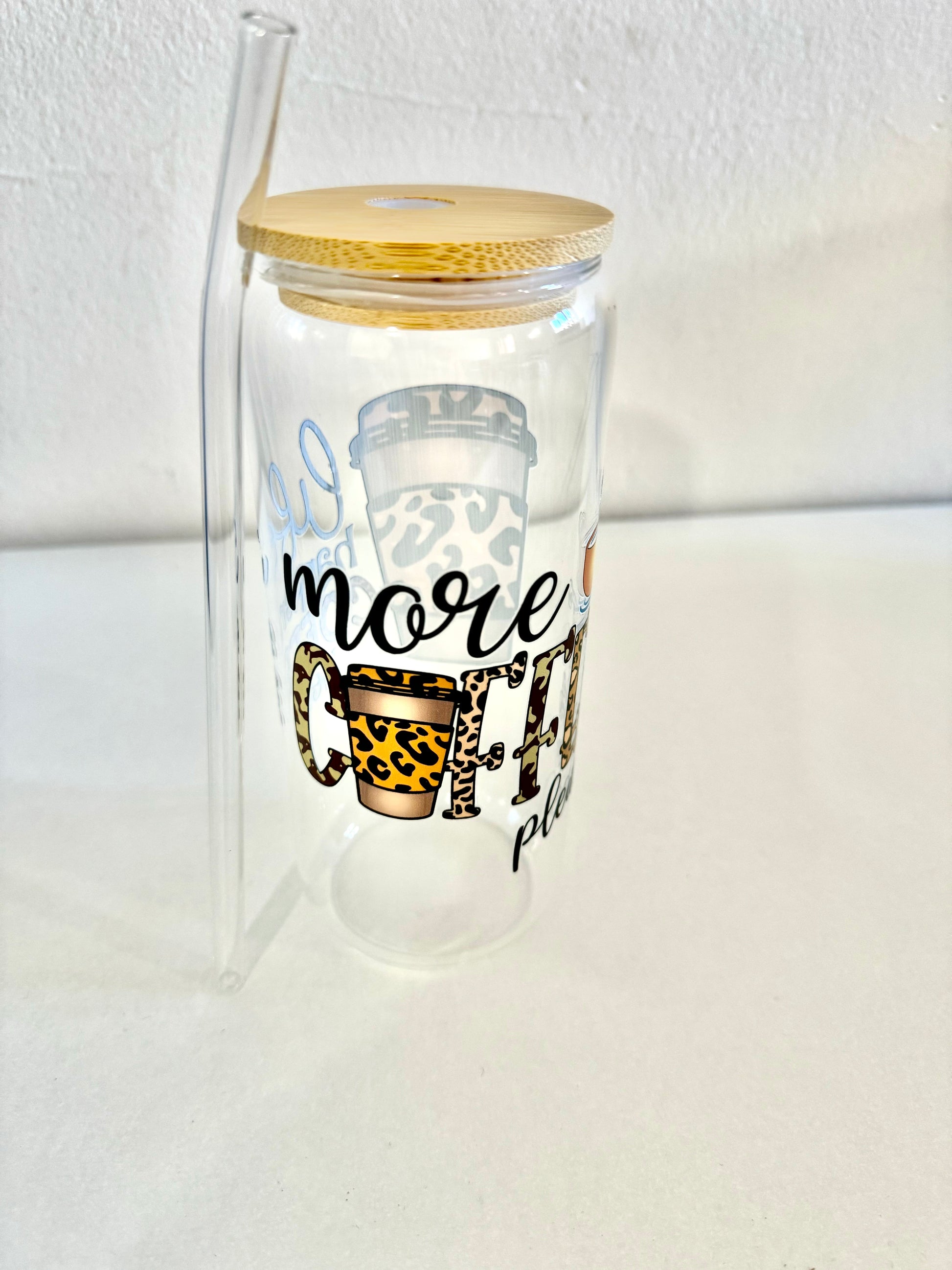 Customised 16oz glass tumbler bottle with bamboo lid and straw