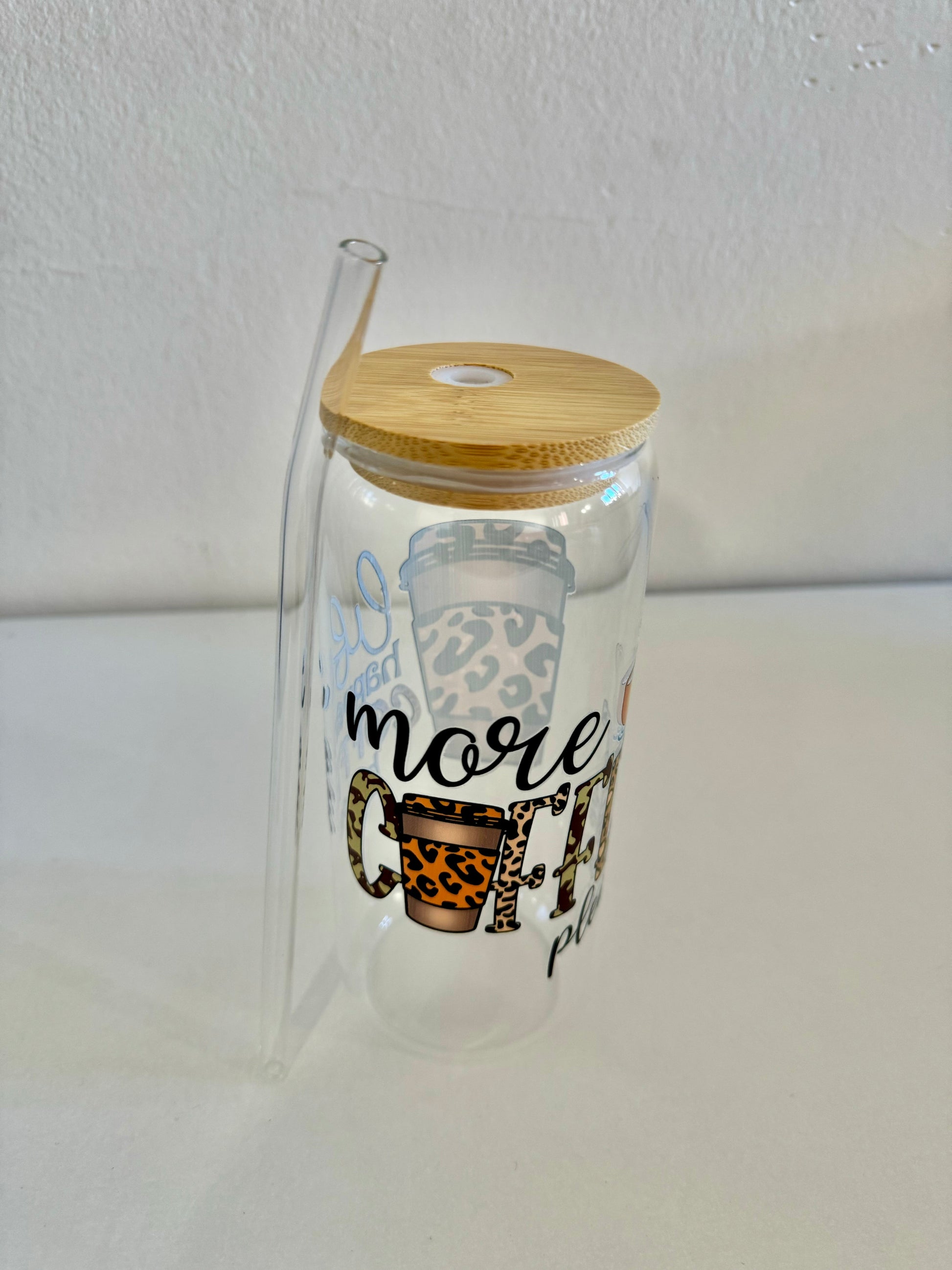 Customised 16oz glass tumbler bottle with bamboo lid and straw