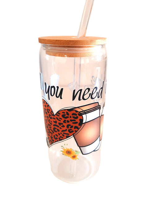 Customised 16oz glass tumbler bottle with bamboo lid and straw