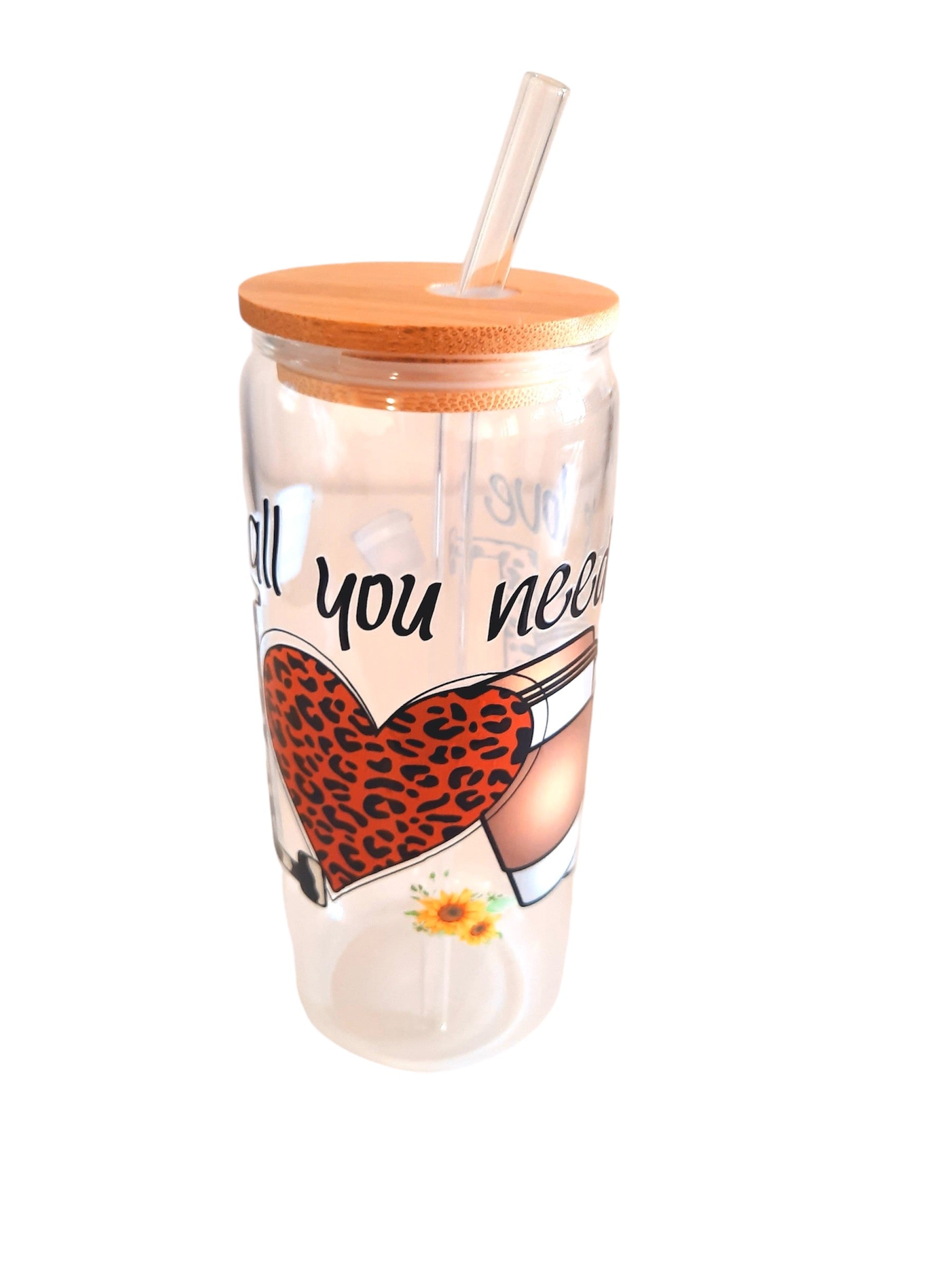 Customised 16oz glass tumbler bottle with bamboo lid and straw