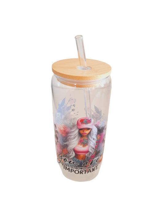 Customised glass tumbler bottle with bamboo lid and straw