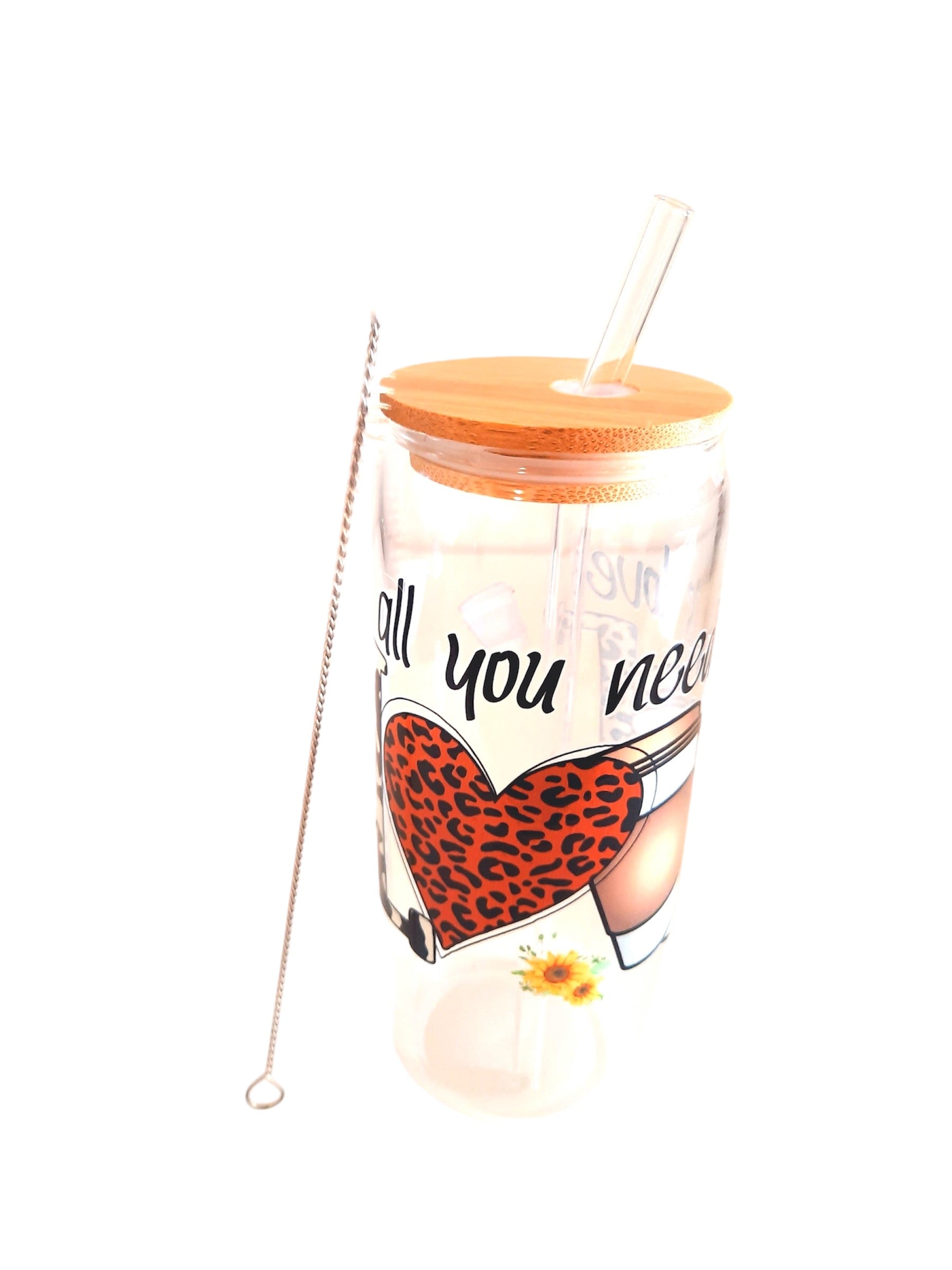 Customised 16oz glass tumbler bottle with bamboo lid and straw