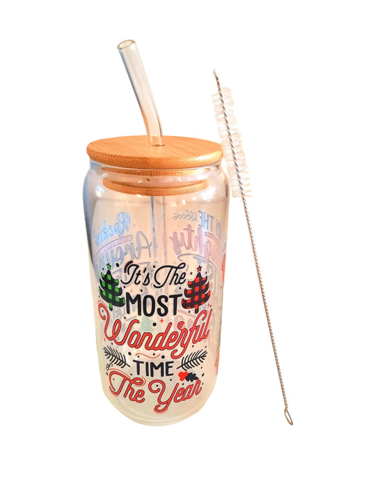 Customised 16oz glass tumbler bottle with bamboo lid and straw juice and milk bottle