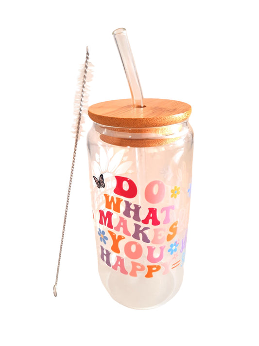 Customised 16oz glass tumbler bottle with bamboo lid and straw