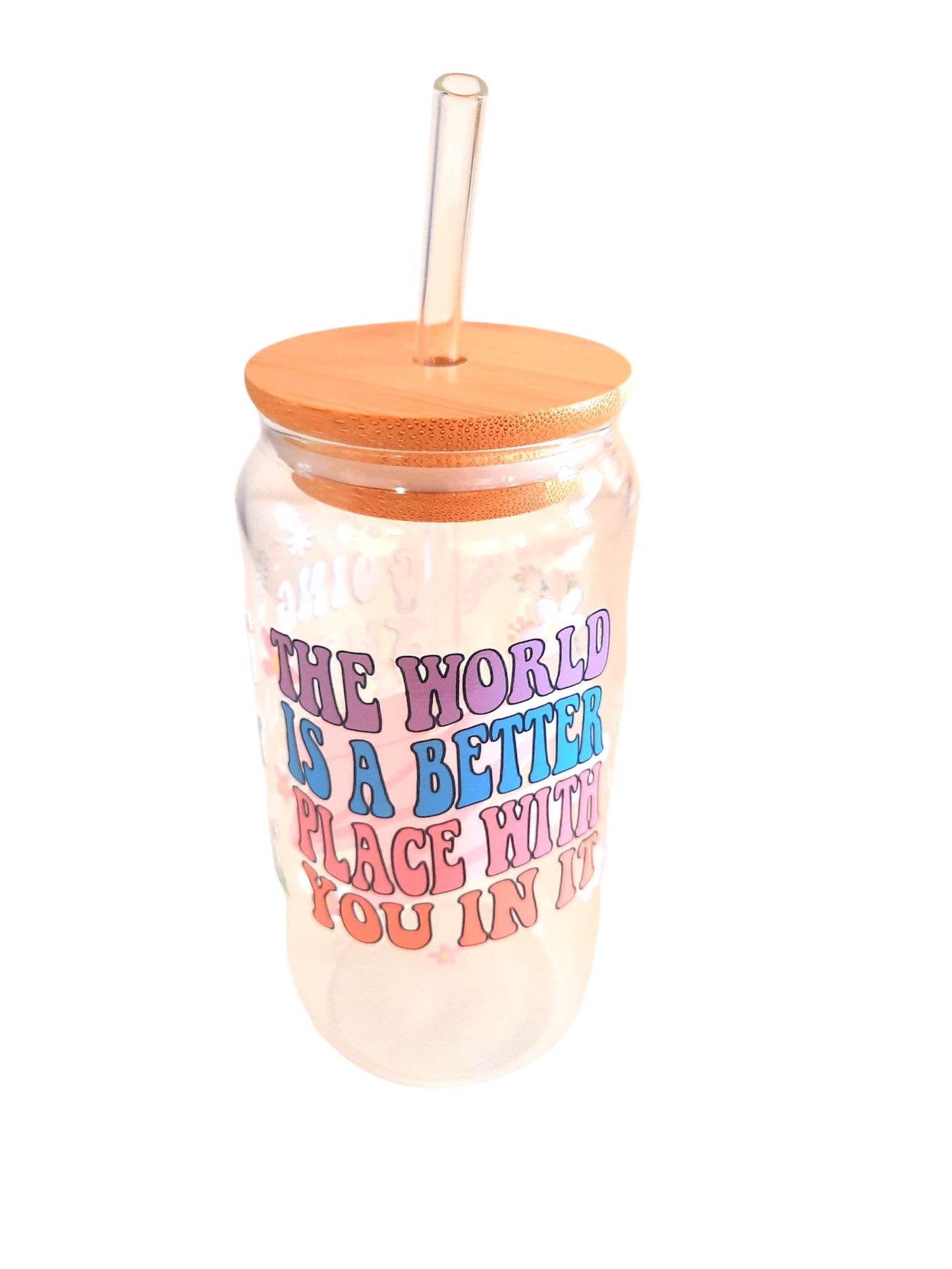 Customised 16oz glass tumbler bottle with bamboo lid and straw