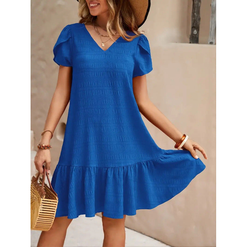 V-neck Solid Color Loose Casual Short Sleeve Dress
