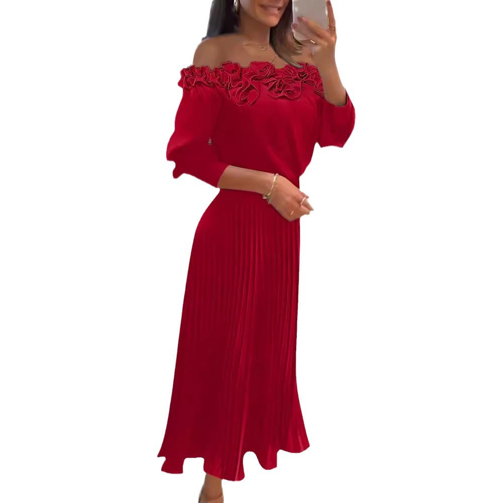 Three-dimensional Pleated Off-shoulder Pleated Dress