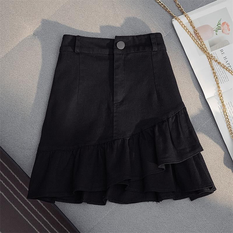 Skirt White Denim Irregular Ruffles
