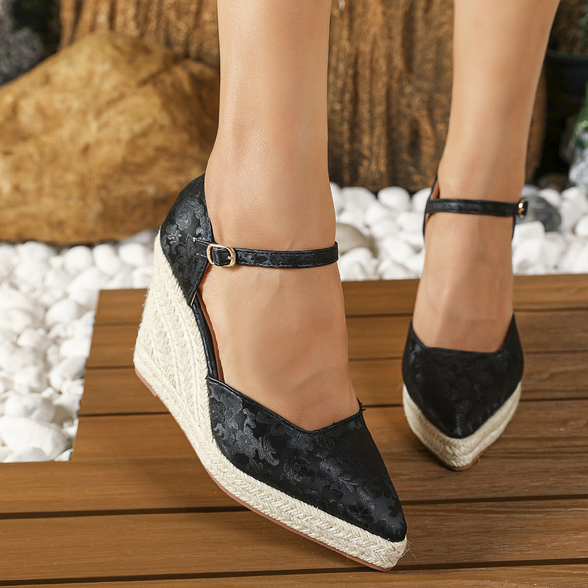 Wedge Platform High Heel Pointed-toe Hollowed Shallow Mouth Pumps Straw Woven Hemp Rope Bottom