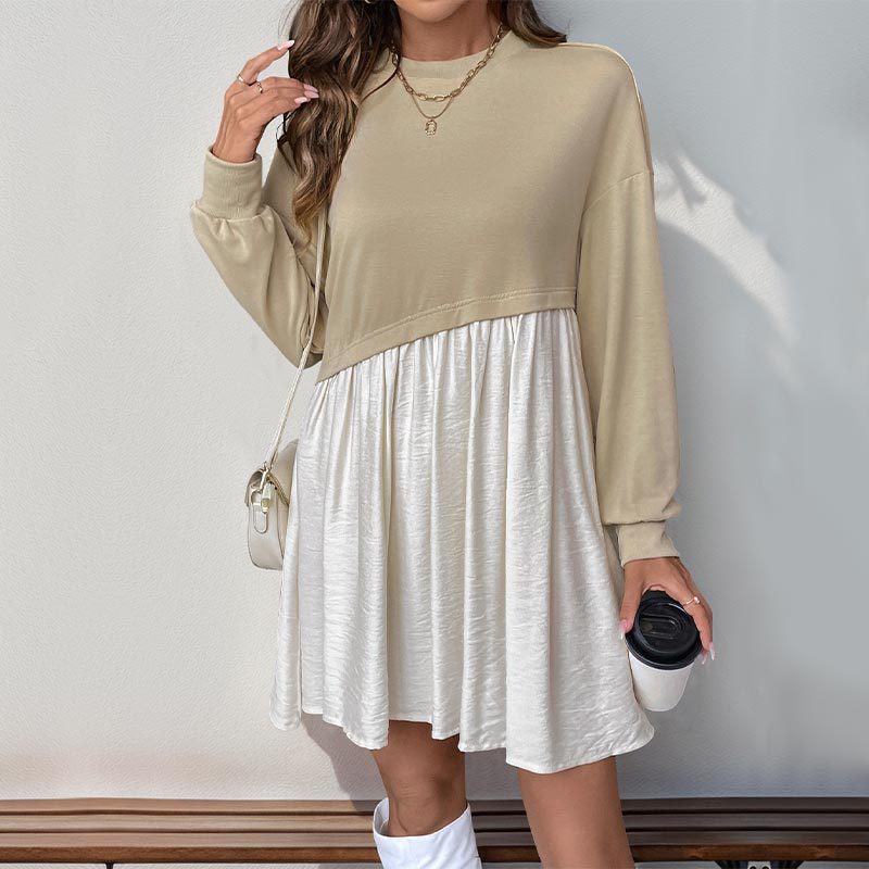 Personal Leisure Date Round Neck Long Sleeve Color Matching Loose Dress