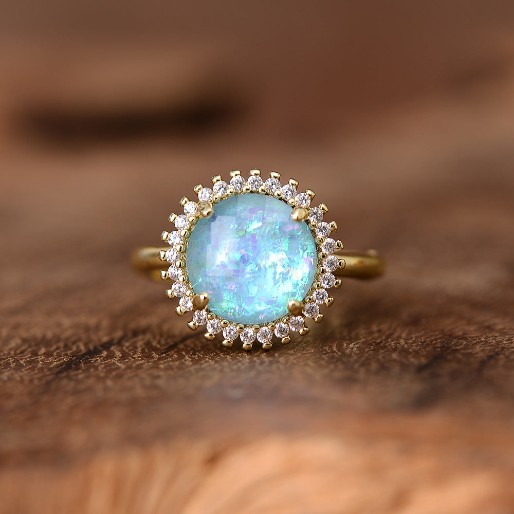 Zircon Opal Blue Diamond-studded Ring Adjustable