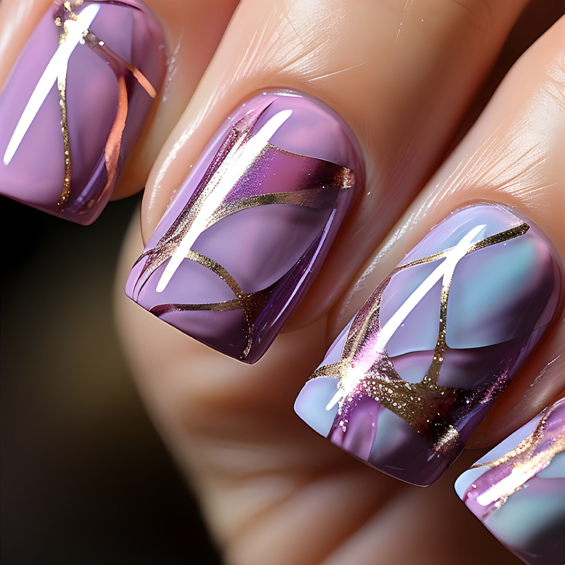European And American Style Mid-length Purple Striped Nail Stickers