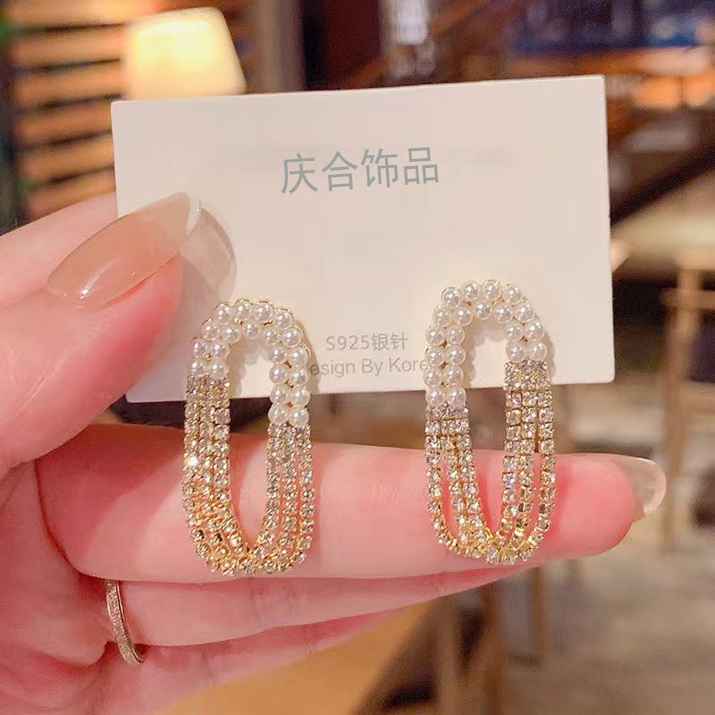 Zircon Multi-layer Tassel Pearl Tassel Earrings