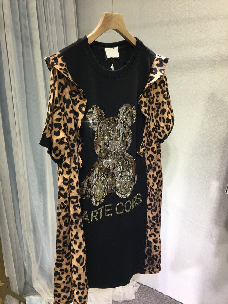 Summer Hot Rhinestone Dress Leopard Print Wooden Ear Bear Short Sleeve