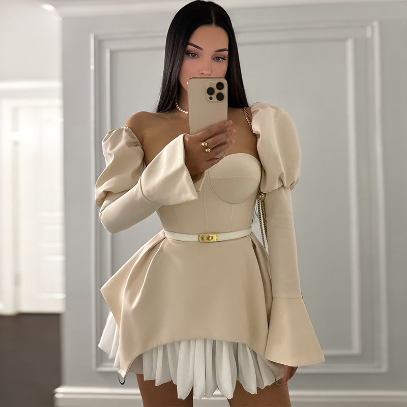 Wrapped Chest Stitching Irregular Puff Sleeve Dress Skirt