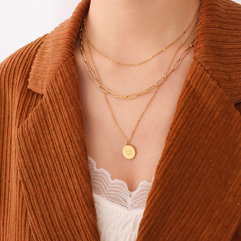 English Letter Round Plate Pendant Necklace Hip Hop Cold Style Trendy Clavicle Chain