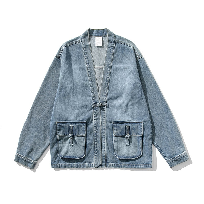 Japanese Style Vintage Denim Jacket Buckle New Chinese Style